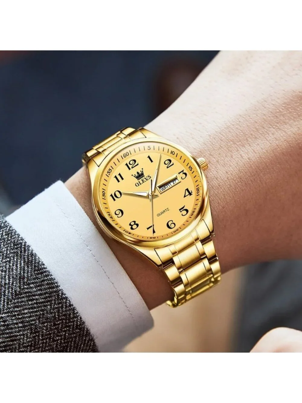 Men's Gold Stainless Steel Solid Analog Quartz Classic Waterproof Round Watch